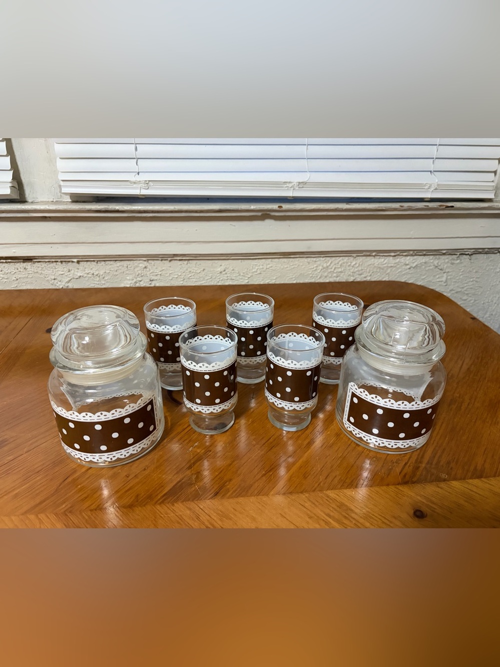 Vintage Glass Jar and Shot Glass Set with Brown Polka Dot Trim